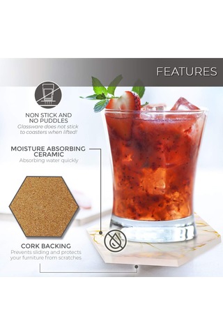 Geeroyoo 8 Parça Mermer Desenli Seramik Bardak Altlığı Seti Süper Emici, Sıcak Ve Soğuk İçecekler İçin Mantar Tabanlı Şık Tel Stand Dahil Beyaz/altın