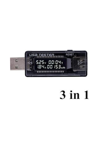 Hellery Usb Metre Gerilim Akım Pil Voltmetre Ampermetre, 3'ü 1 Arada Siyah