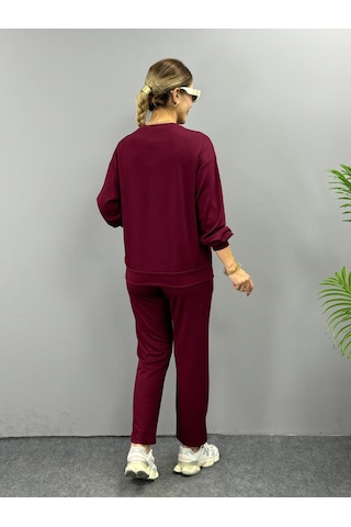 Meleners Kadın Uzun Kollu Bisiklet Yaka Viskon Iki Iplik Bluz Ve Pantolon Ikili Takım bordo