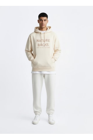 Ltb Uzun Kollu Kapüşonlu Slogan Baskılı Bej Sweatshırt Bej 2XL