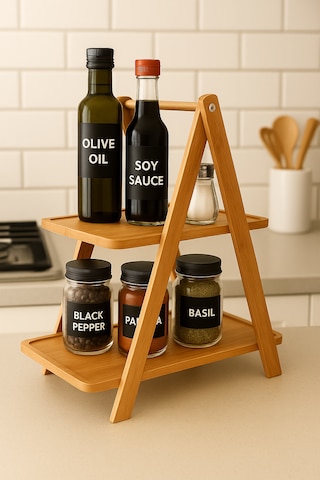 Bambu 2 Katlı Dikdörtgen Baharat Standı Doğal, Şık Ve Fonksiyonel Mutfak Düzenleyici 37 32 16 Cm Bambu