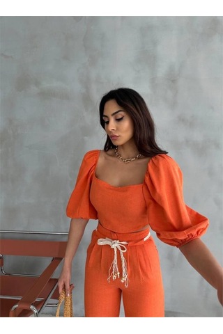 Keten Crop Karpuz Kol Bluz-pantolon Hasır Kemerli - Orange Orange