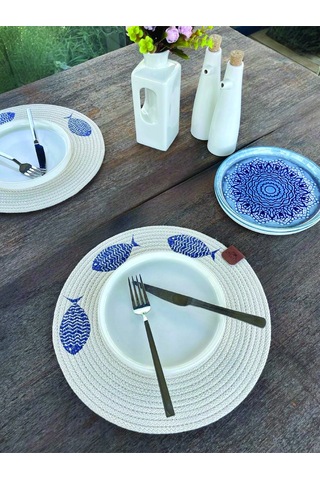 2'li Set Balıklar İşlemeli Amerikan Servis-leke Tutmaz Natural 33 Cm Beyaz
