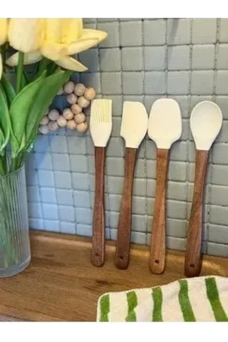 Bambu Saplı Silikon Mutfak Gereç Seti 4'lü Kahverengi