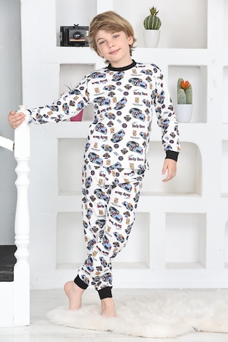 Modanino Erkek Çocuk Araba Baskılı Pijama Takımı 1-7 Yaş 12290 Beyaz