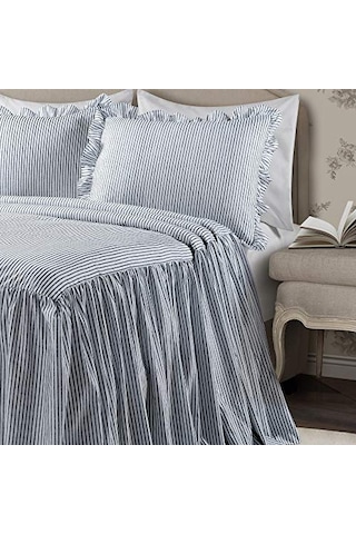 Ticking Çizgili Yatak Örtüsü Lacivert Vintage Şık Çiftlik Evi Tarzı Hafif 3 Parça Set King, Polyester Çok Renkli