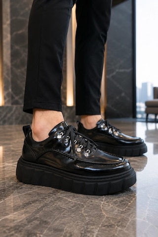 Mevese Duolc Bağcıklı Rugan Erkek Günlük Rahat Taban Sneaker Ayakkabı - Siyah