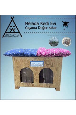 Melada Kedi Evi Dış Ortam Uygun Ahşap Kedi Evi Double Osb Minderli 61x41x36 Cm