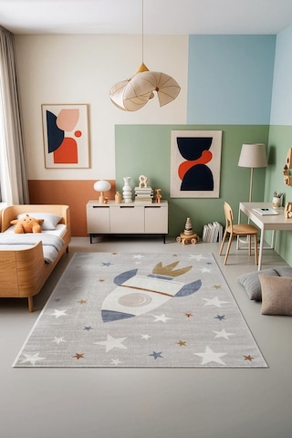 Icon Kids Ic013r Gri Renk Akrilik Roket Ve Yıldız Desenli Çocuk Odası Halısı-939 Gri