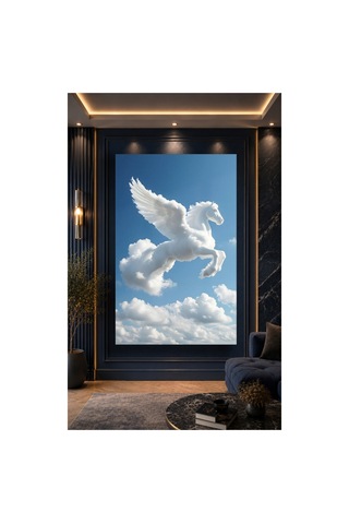 Kanatlı At Pegasus Gökyüzü Tablo Mavi Bulutlar Ve Beyaz At Dekoratif Cam Tablo Modern Premium Duvar Dekoru Uv Baskı