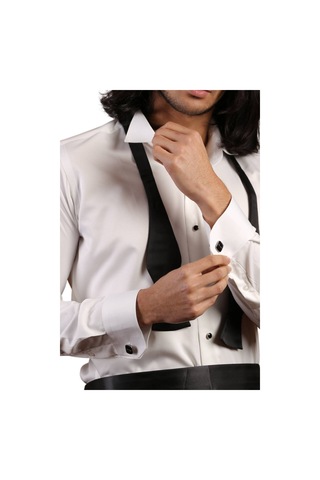 Dicotto Krem Siyah Taş Düğmeli Damatlık Ata Yaka Kol Düğmeli Slim Fit Smokin Gömlek - 007 001