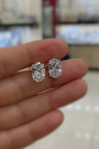 Gümüş Oval 12x8 Mm 4,5 Carat Altın Kaplama Tektaş Küpe Sarı