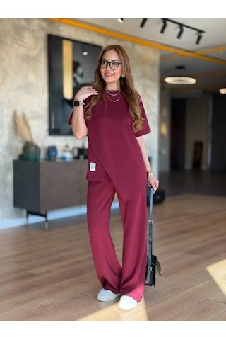 Reka Moda Kadın Kısa Kollu Bisiklet Yaka Asimetrik Viskon Iki Iplik Bluz Ve Pantolon Ikili Takım Bordo