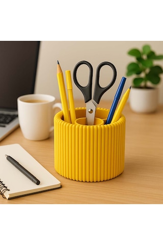 Özel 3d Baskı Ayrılabilir 4 Bölmeli Kalemlik Masa Vb. Kalemliği Çapı: 8,5 Cm X Yükseklik: 8 Cm Sarı