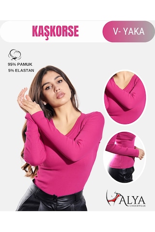 Alya Underwear Pamuklu Kaşkorse V Yaka Body Sweatshirt, Fitilli Kumaş Likralı Bluz, Asker Yeşili Badi Fuşya Melanj