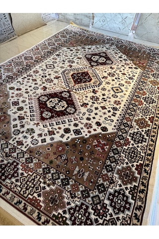 Asaryün Halı Ipek H4320ac Krem Ipeksi Geleneksel Renkli Göbekli Klasik Desen Salon Halısı Modern Renkli
