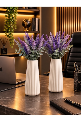 2'li Modern Dekorasyon İçin Şık Beyaz Çizgili Seramik Çiçek Vazo 19cm - Minimal Ve Zarif Vazo Modeli