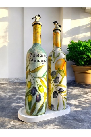 El Yapımı Limon & Zeytin Desenli Cam Yağdanlık & Sirkelik Seti Şık Mutfak Dekoru & Özel Ev Hediyes Beyaz - Kırmızı - Sarı