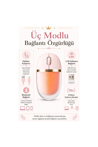 Muse Işıklı Bluetooth & 2.4g Kablosuz Oyuncu Pudra Pembe Mouse Çok Renkli Diğer