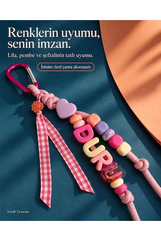 Goob Tasarım Kişiye Özel Isimli Çanta Aksesuarı Pastel Renkli Kalp Ve Kurdele Detaylı Charm Çok Renkli