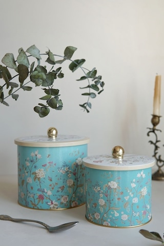 Flora Desenli Metal Saklama Kabı Seti - 2'li Set 1,7 Lt - 3,5 Lt Desenli