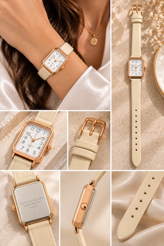 Kadın Kol Saati Rose Gold Kasa, Deri Kordon Krem