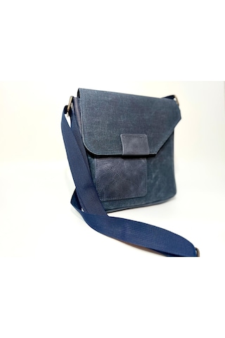 Natderi Hakiki Deri Ve Kanvas Omuz Çantası 20x21 Cm Ayarlanabilir Askılı, Ön Cepli Unisex Günlük Çanta Lacivert