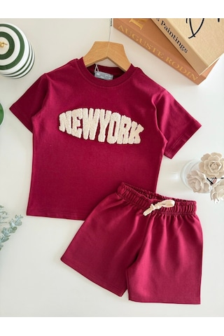 Magu Çocuk Pamuklu Bordo New York Yazı Aplikeli T-shirt Şort Takım