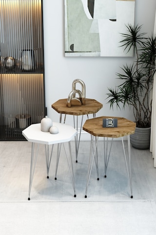 3'lü Sekizgen Zigon Sehpa Seti - Gümüş Metal Ayaklı, Modern & Şık Yan Sehpa, Dayanıklı Salon Ofis Beyaz Atlantik Çam