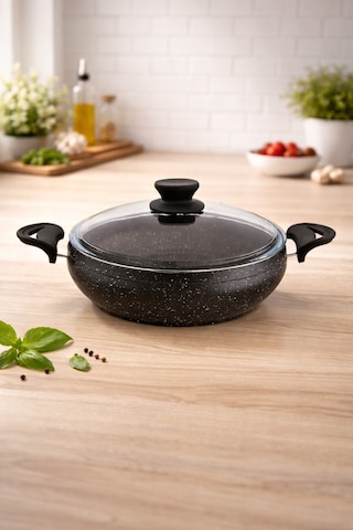 Granit Pro 24 Cm Basık Granit Güveç Tencere Siyah Bakalit Saplı Cam Kapaklı Yapışmaz
