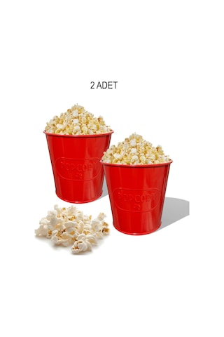 Toptanfoni Kırmızı Metal Popcorn Kutusu - Patlamış Mısır Kovası Kendinden Kabartma Desenli 2 Adet Kirmizi