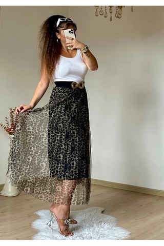 Azra Butik Açık Leopar Tül Etek Siyah