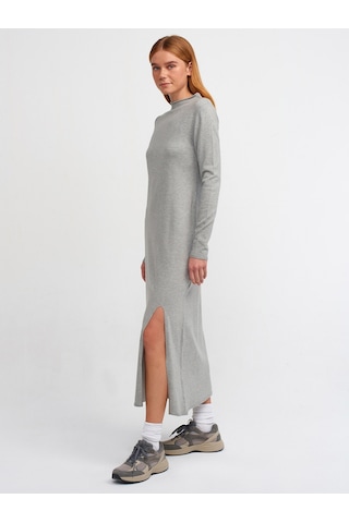 Dilvin Dik Yaka Önü Yırtmaçlı Triko Elbise Gri