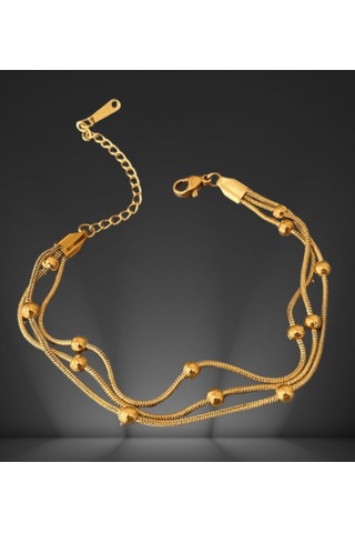 Altın Rengi Üçlü Yılan Zincir Dorikalı Çelik Bileklik - Minimalist Top Detaylı Altın Rengi Zarif Kadın Bilekliği Gold