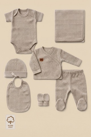 Minory Baby - %100 Pamuk 7'li Hastane Çıkışı Seti Yenidoğan 7'li Set Waffle Kumaş Kahverengi Kahverengi