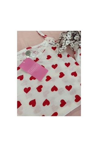 Mh Moony Homewears 2'li Kırmızı Kalp Askılı Şortlu Yazlık Pijama Takımı Kırmızı Bordo
