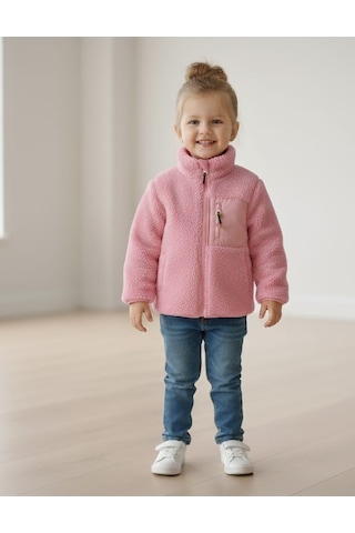 Smalltouch Unisex Çocuk Yumuşak Dokulu Astarlı Fermuarlı Cepli Peluş Hırka Pembe
