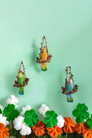 3 Adet Dekoratif Sallanan Duvar Ve Bahçe Süsü Papağan Mavi