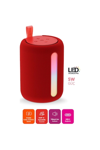Polosmart Fs110 Işıklı Taşınabilir Kablosuz Bluetooth Speaker Hoparlör 1200 Mah Kırmızı