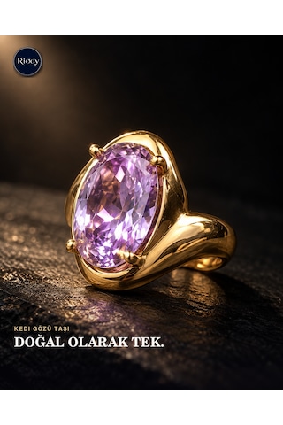 Riody Aube Violette Gold Kaplama Doğal Lila Kedi Gözü Taşlı Açık Form Kadın Yüzük Altın Sarısı
