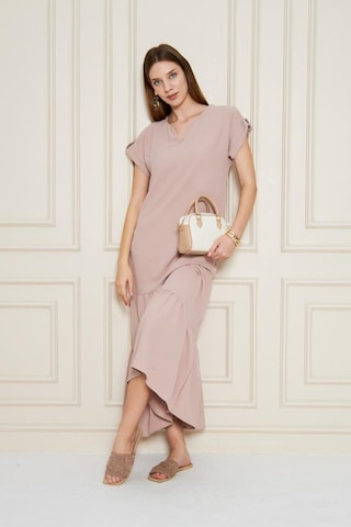 Kadın Uzun Eteği Fırfırlı Kısa Kol Apolet Detaylı Salaş Günlük Rahat Elbise 3761366 Pudra
