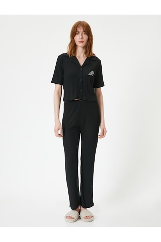 Koton Düğmeli Pijama Takımı Kısa Kollu Nakışlı Siyah 4slk40143mk Siyah