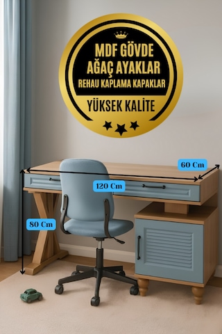 Mavi Çalışma Masası Su Yeşili Renk Mdf Gürgen Ağacı Ayaklı Diğer