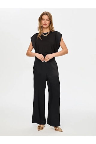 Faik Sönmez Wide Leg Fit Beli Lastikli Rayon Kadın Viskon Pantolon S26pnt004 Siyah