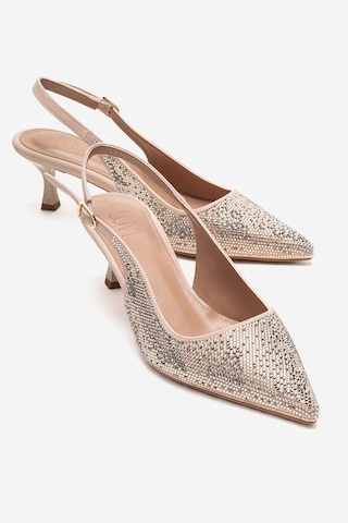 Luvishoes Nella Ten Altın Taşlı Kadın Topuklu Ayakkabı Ten