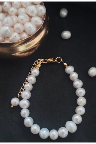 24k Altın Kaplama 8-9 Mm Gerçek İnci Sade Bileklik Beyaz Tek Ebat