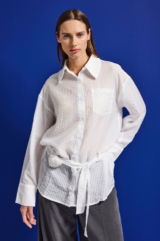 Itsbasic Kadın Beyaz W5 Oversize Kemer Detaylı Özel Kumaş Tasarım Gömlek