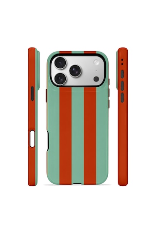 Apple iPhone Uyumlu 17 Pro Vorian Çift Katmanlı Magsafe Kılıf Terracotta Mint Stripe