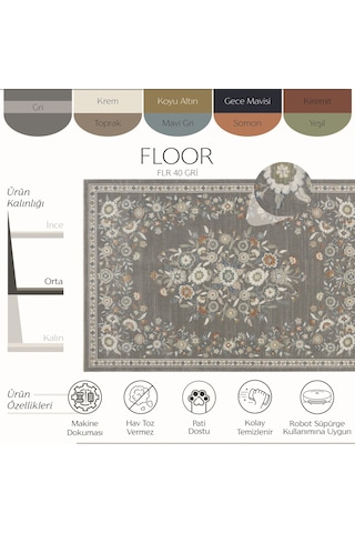 Cool Halı Floor Gri Vintage Çiçekli Klasik Salon Oturma Odası Dekoratif Pati Dostu Halı