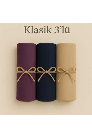 Mim Eşarp Penye Pamuksu Şal Klasik 3 Lü Set Mor - Lacivert - Bej